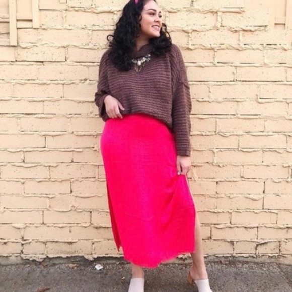 NWT Aerie neon coral midi length sleeveless slip dress with side slits size S - Picture 2 of 14